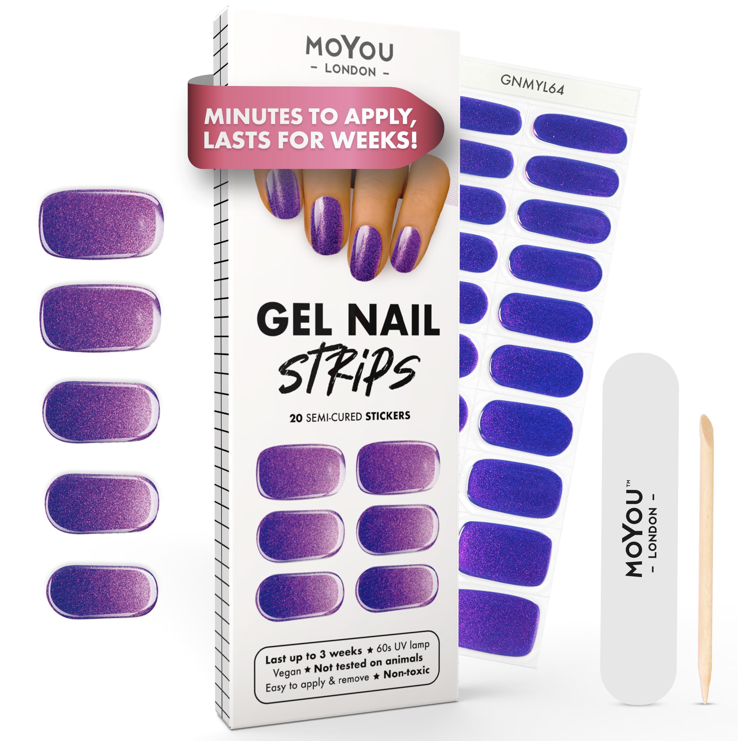 MOYOU LONDON Semi Cured Gel Nail Strips - 20 Pcs. Waterproof Gel Nail Wraps, Cures in Sunlight or UV/LED Lamp, Lasts Up to 2+ Weeks, Stretchable, Easy to Apply & Remove, Vegan & Cruelty-Free