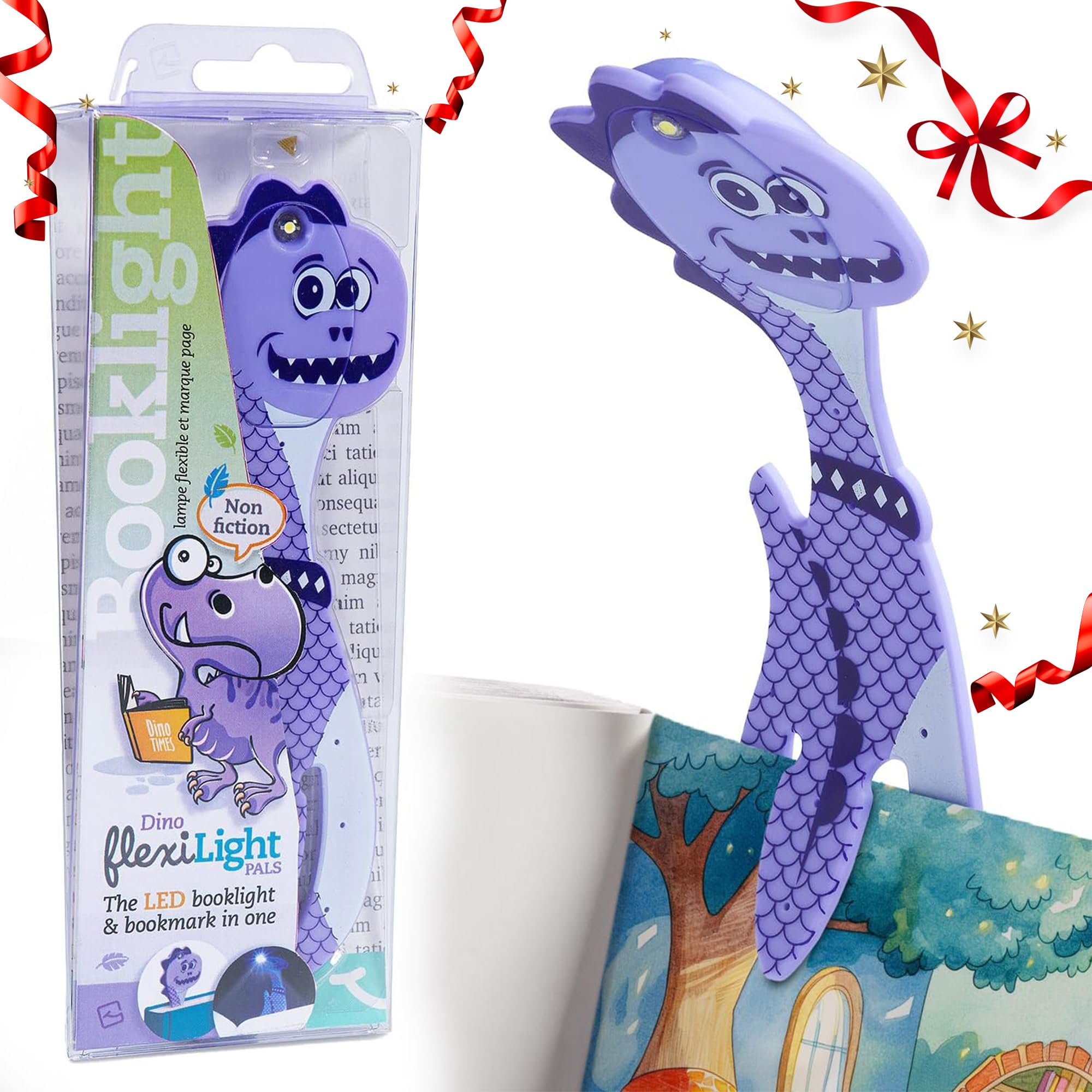 Gifts for Readers & Writers Bookmark Reading Light Dino Purple - 2in1 Clip On Bookmark Kids for Reading Night in Bed, Travel Cute s, Flexible 8 Lumen LED Lights for Books