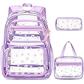 ACESAK Clear Backpack for Girls - 3 Pcs Clear Backpack Heavy Duty with Lunch Bag - See Through Bookbag Stadium Approved for Kids Middle High College School Sport Travel (Purple Daisy)