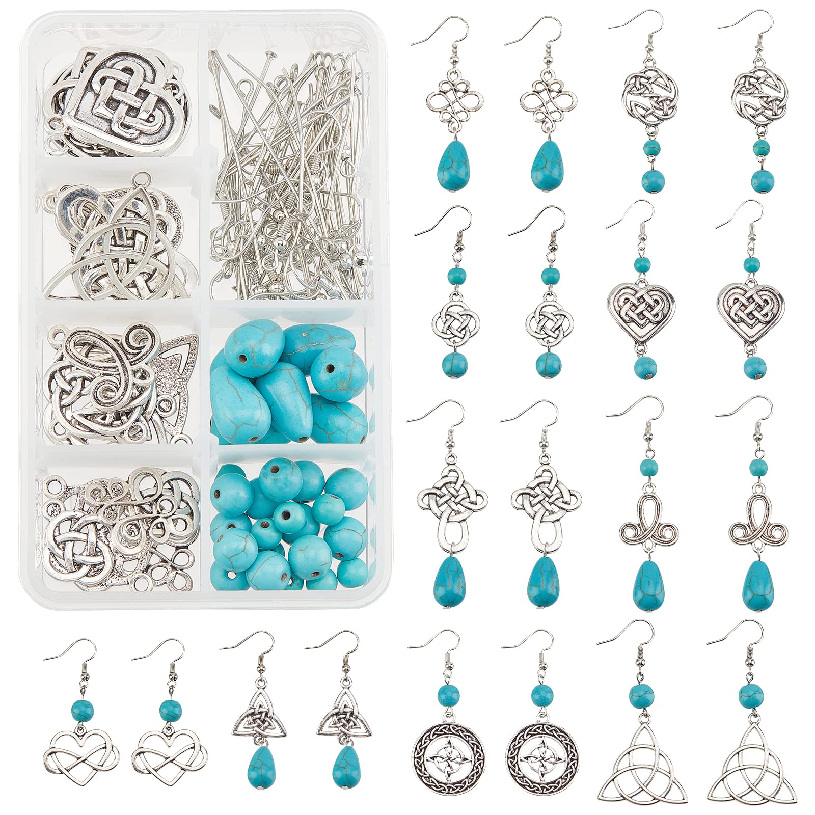 SUNNYCLUE 1 Box DIY Make 10 Pairs Trinity Knot Earring Making Starter Kit Tibetan Style Celtic Knot Links Charms Heart Pendant Turquoise Beads Findings for Women Adults DIY Earring Jewellery Making