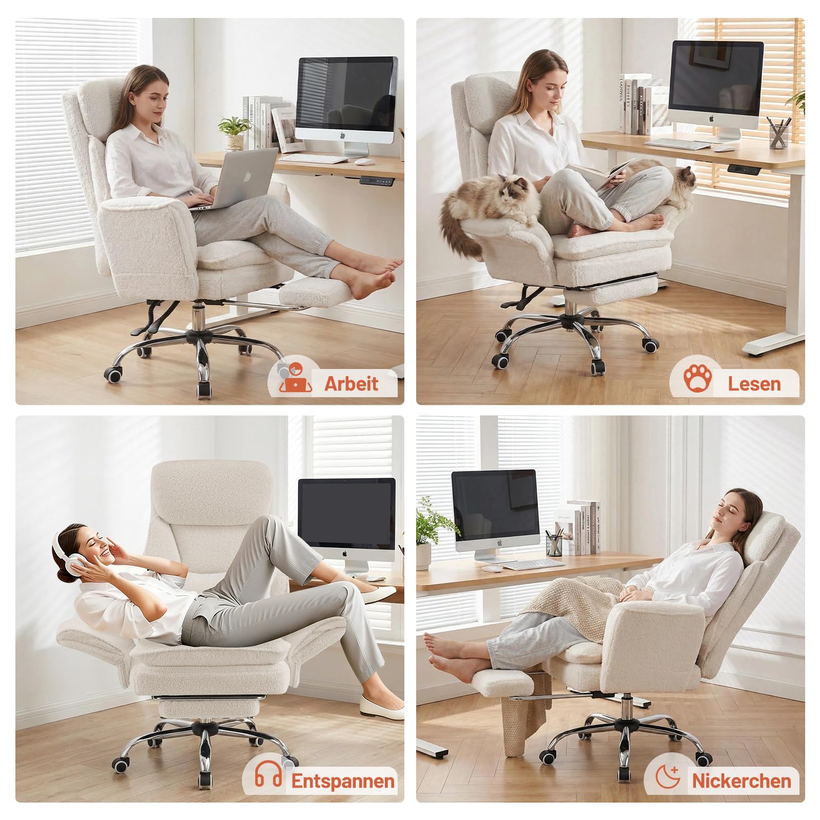 Ckaff Bürostuhl Chefsessel Ergonomisch, Gaming Stuhl mit 5-Stufig Verstellbare Armlehnen & Fußstütze, Schreibtischstuhl mit Verstellbarer Rückenlehne & Lendenwirbelstütze aus Teddy Stoff, Weiß 2