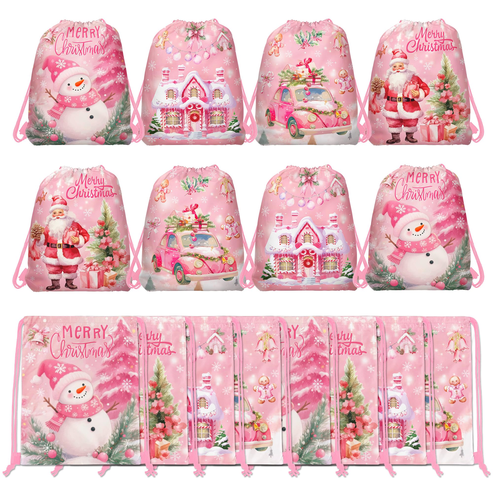 Photo 1 of 12 Pcs Christmas Snowman Drawstring Bags, Pink Beach Backpack, Sports Picnic Storage Bag Outdoor Sports, Fitness Travel