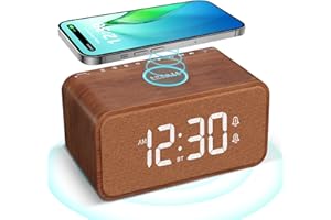 ANJANK Wooden Alarm Clock for Bedroom, Bluetooth Speaker with FM Radio, Wireless Charging Station for iPhone/Samsung, Dual Alarms, 0-100% Dimmer, Sleep Timer, Digital LED Clock for Desk, Office