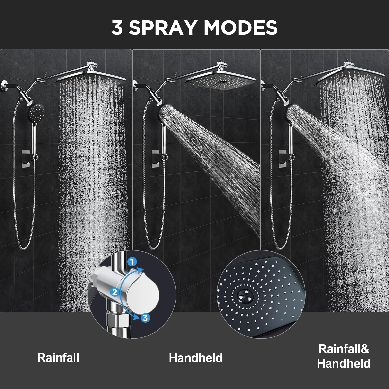 Veken Wide Rain Shower Head with Handheld, High Pressure Rainfall Showerhead Combo with Arm for Bathroom Accessories, Home Decor, Detachable Dual Shower with Multi Modes Handheld Spray, Silver Chrome