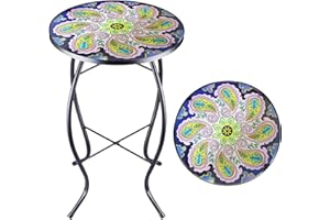 Arbuxzuy 14 Inch Small Outdoor Side Table with Purple Flower, Glass Mosaic Patio Table Indoor, Round Plant Coffee Table for Living Room, Balcony, Garden