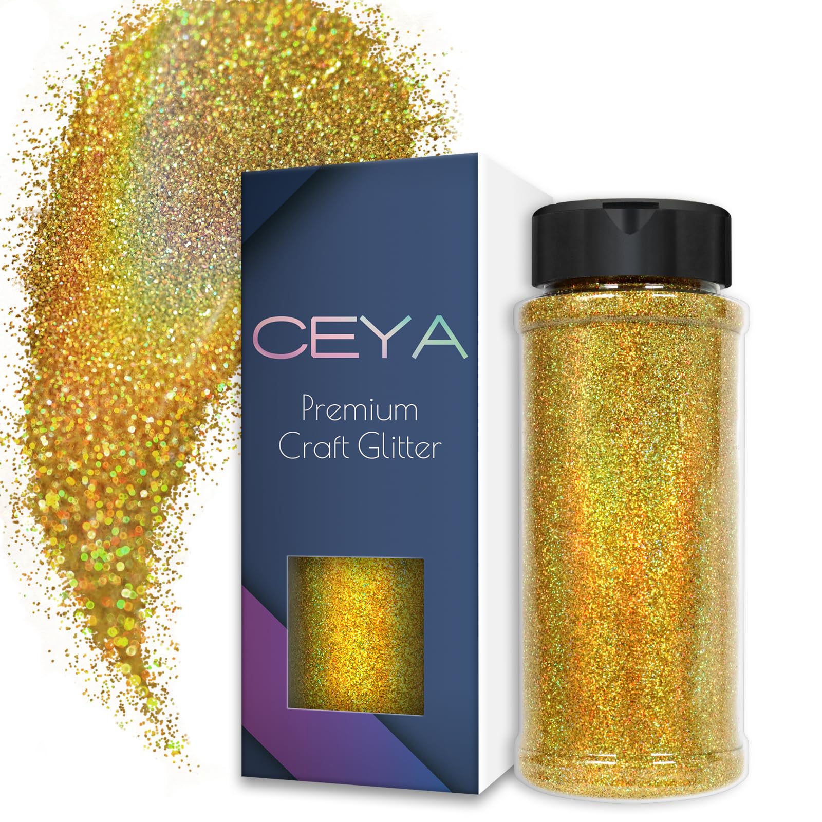 Ceya 3.5oz/ 100g Ultra Fine Glitter Powder Laser Cyan Gold Holographic Glitter 1/128” 0.008” 0.2mm for Slime Epoxy Resin Craft Tumbler Jewelry Nail Art Festival Makeup Scrapbook Painting Wedding Cards