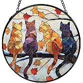 XFCICRLJ Cat Gifts Winter Suncatcher Stained Glass Window Hanging, Rustic Autumn Black Cat Sun Catchers Indoor Window Glass Wall Art Decor, Fall Wall Hanging Decor Decorations, 7.9x7.9 Inch