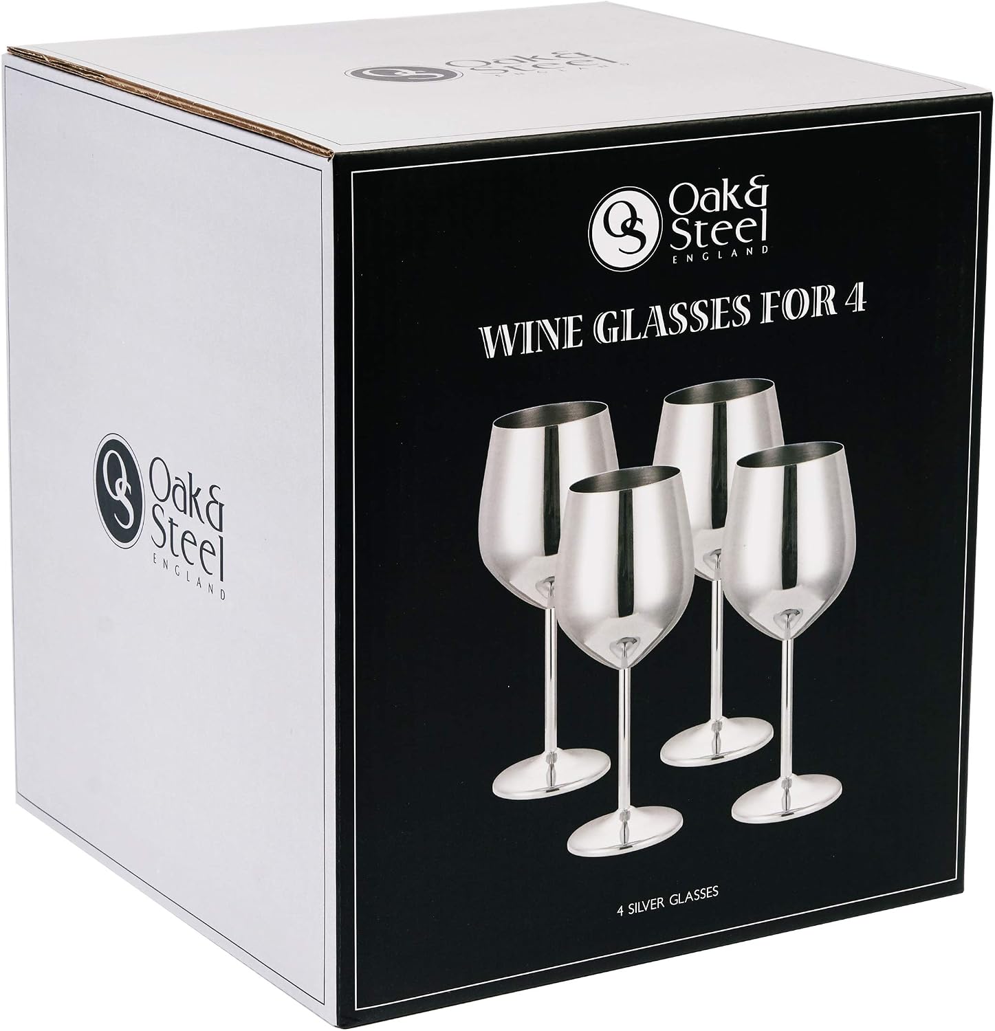 Oak & Steel, 4 Elegant Stainless Steel Silver Wine Glasses, 500ml, Unbreakable Goblet Glass Gift Set - Image 5
