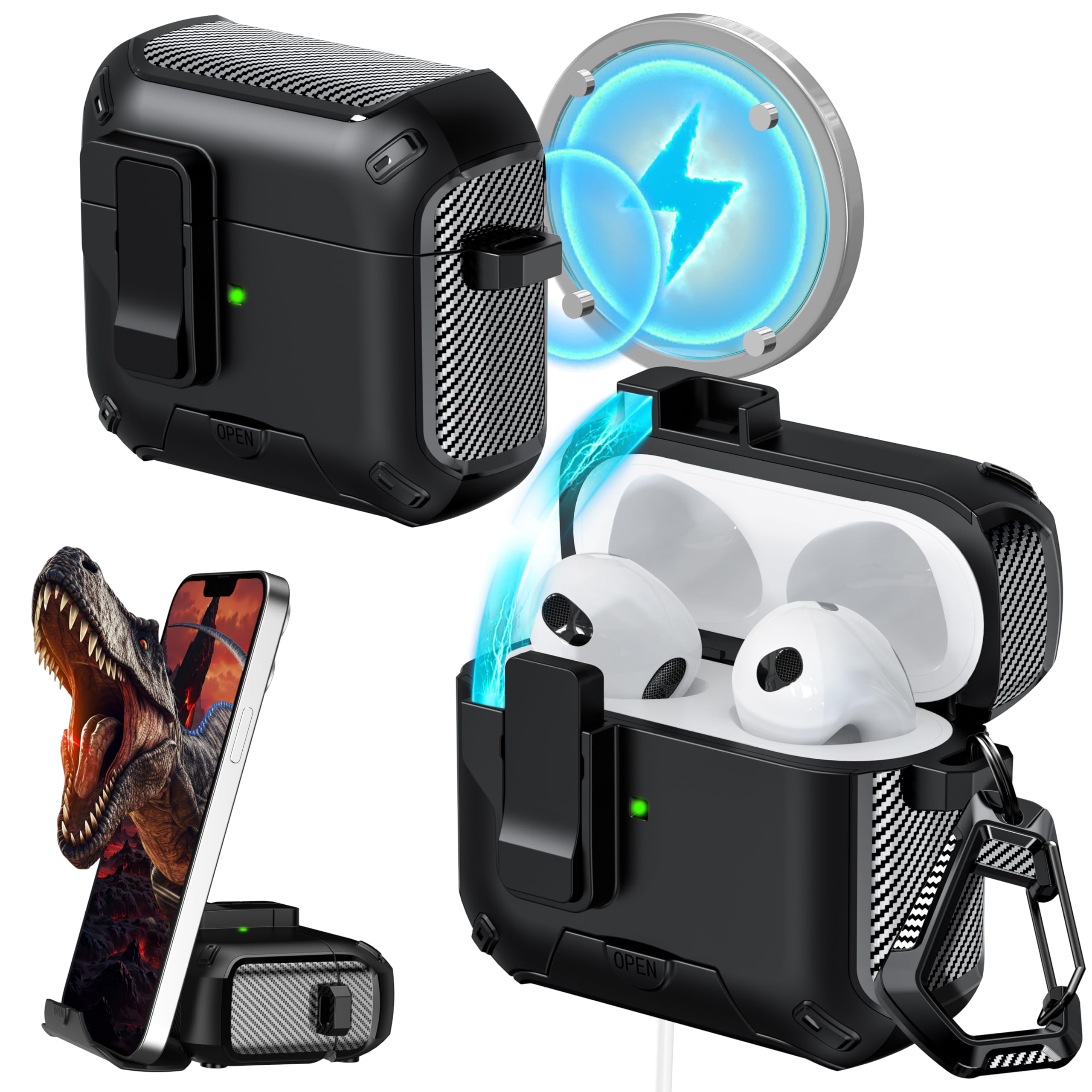 Photo 1 of RFUNGUANGO for AirPods Case (2021, 3rd Generation), Compatible with AirPods 3rd Generation, Compatible with MagSafe, Drop Protection Case with Stand Feature, with Cleaning Tool -A-Black
