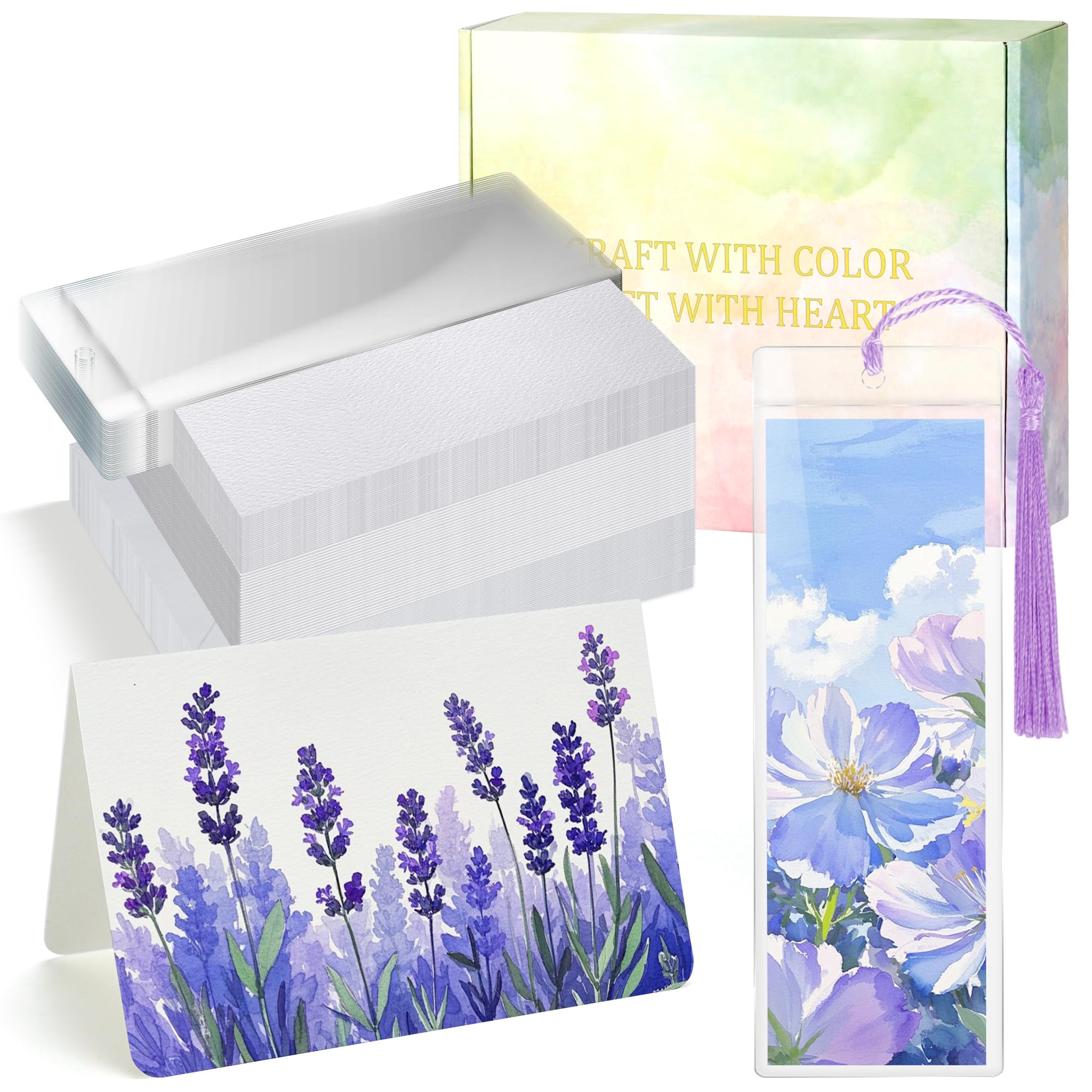 Photo 1 of 152 PCS Blank Watercolor Cards & Bookmarks Kit, 140lb/300gsm Cotton Paper, 30 Sets 4"x6" Cards with Envelopes, 30 Bookmark Sets with Sleeves, Tassels & Stickers for DIY Greeting Cards & Craft Projects