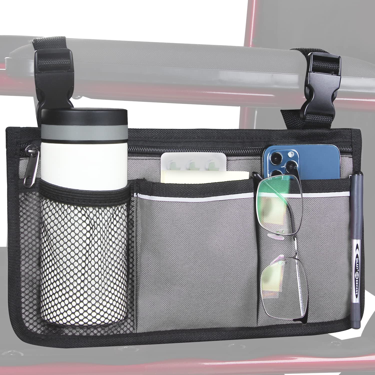 HSGEZUOQI Wheelchair Side Bag, Armrest Storage Pouch with Cup Holder and Reflective Strip Use of Waterproof Fabric for Most Wheelchairs, Walkers or Rollators (Grey)