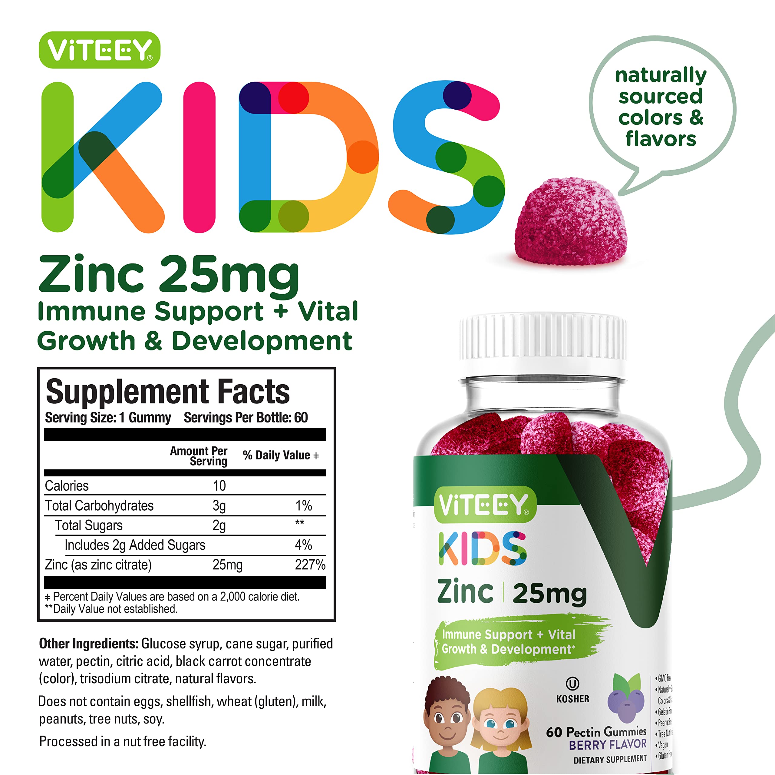 Viteey Zinc for Kids Gummies, 25mg - Immune Support - Powerful Natural Antioxidant, Kids Zinc Vitamin Supplement - Vegan, Gelatin Free, Gluten Free - Tasty Chewable Berry Flavor Gummy