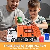 JOYIN Garbage Truck Toy with Light and Sounds Orange 3 Trash Cans view 5