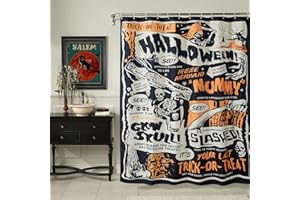 ALDOPEIN Vintage Retro Halloween Fabric Shower Curtain Spooky Bathroom Decorations, Trick or Treat Cute Cool Gothic Creepy Skull Skeleton Spirit Halloween Shower Curtain Set with Hooks, Heavy Duty Waterproof