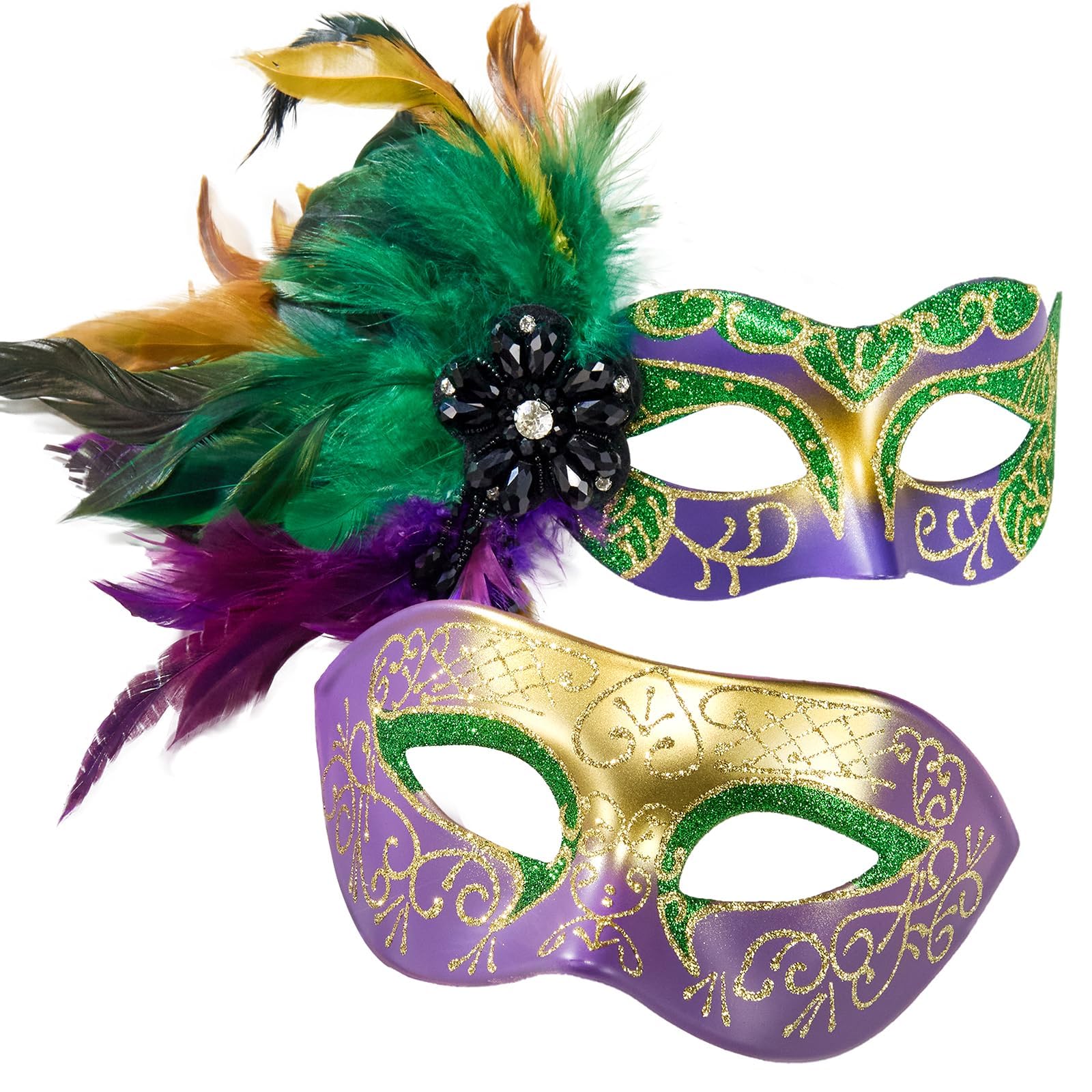 MYSEUNI Mardi Gras Mask with Feathers - Venetian Couple Carnivals Masks for Masquerade Party, Cosplay Party, Theme Ball