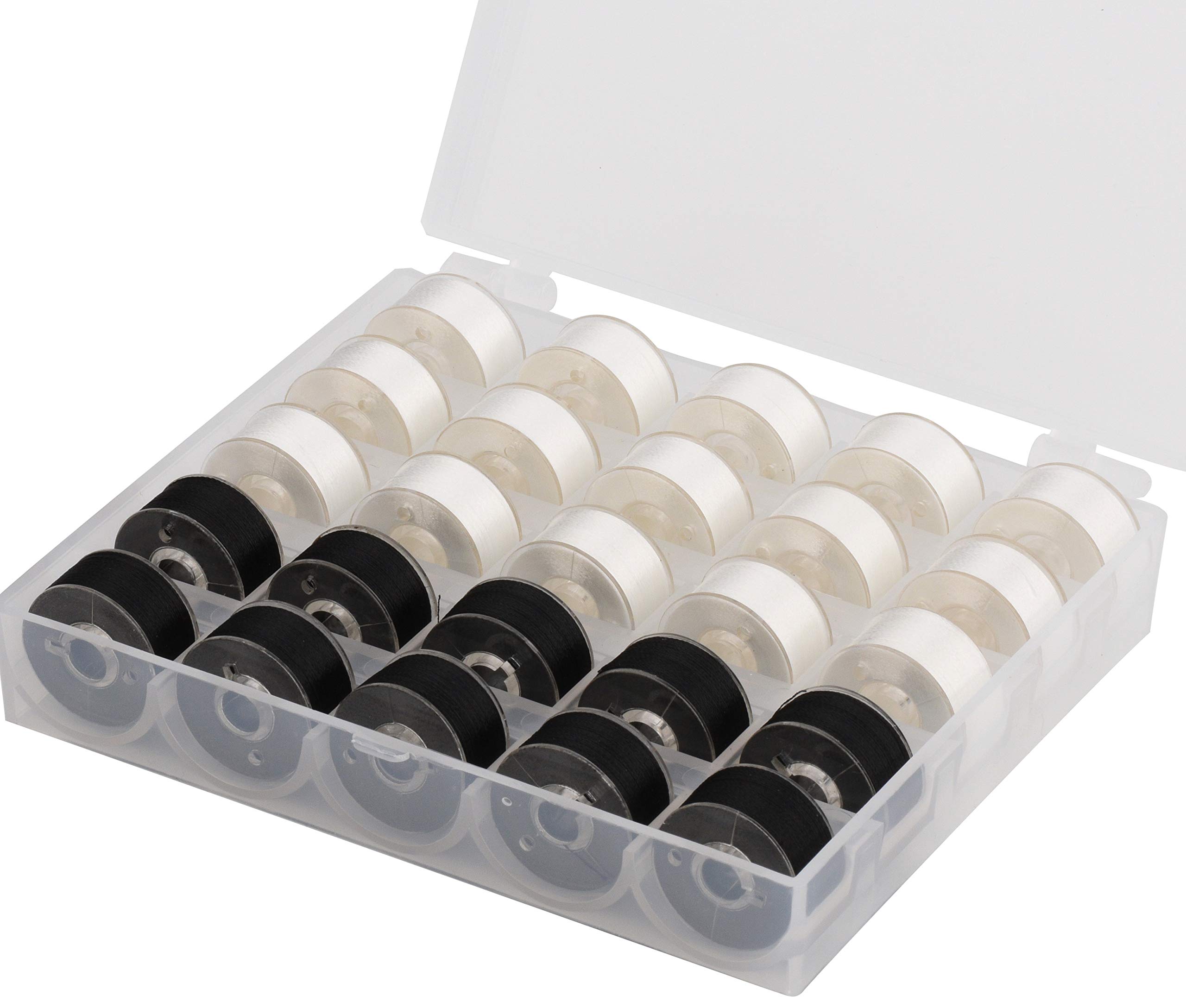 Simthread 25pcs 15White+10Black Prewound Bobbin Thread Size A Class 15 (SA156) 60WT with Clear Storage Plastic Case Box 70D/2 for Embroidery Thread Sewing Thread Machine DIY