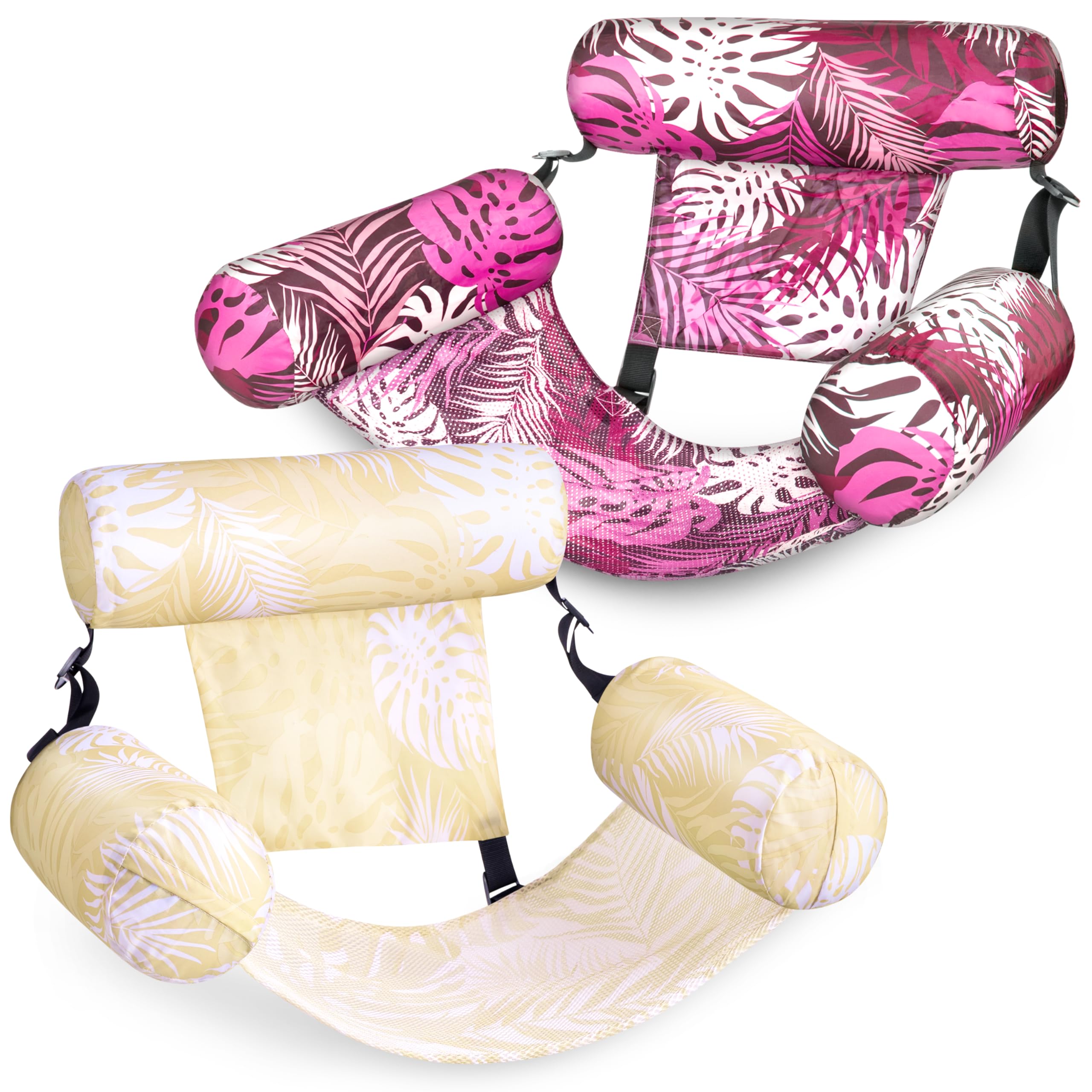 SLOOSH Inflatable Pool Floats Adult,2 Packs Floating Lounge Chairs,Blow up Pool Noodles for Adult Heavy Duty,Floating Chair for Party Summer Water Beach Lake Fun, Tropical Leaves-Champagne, Pink