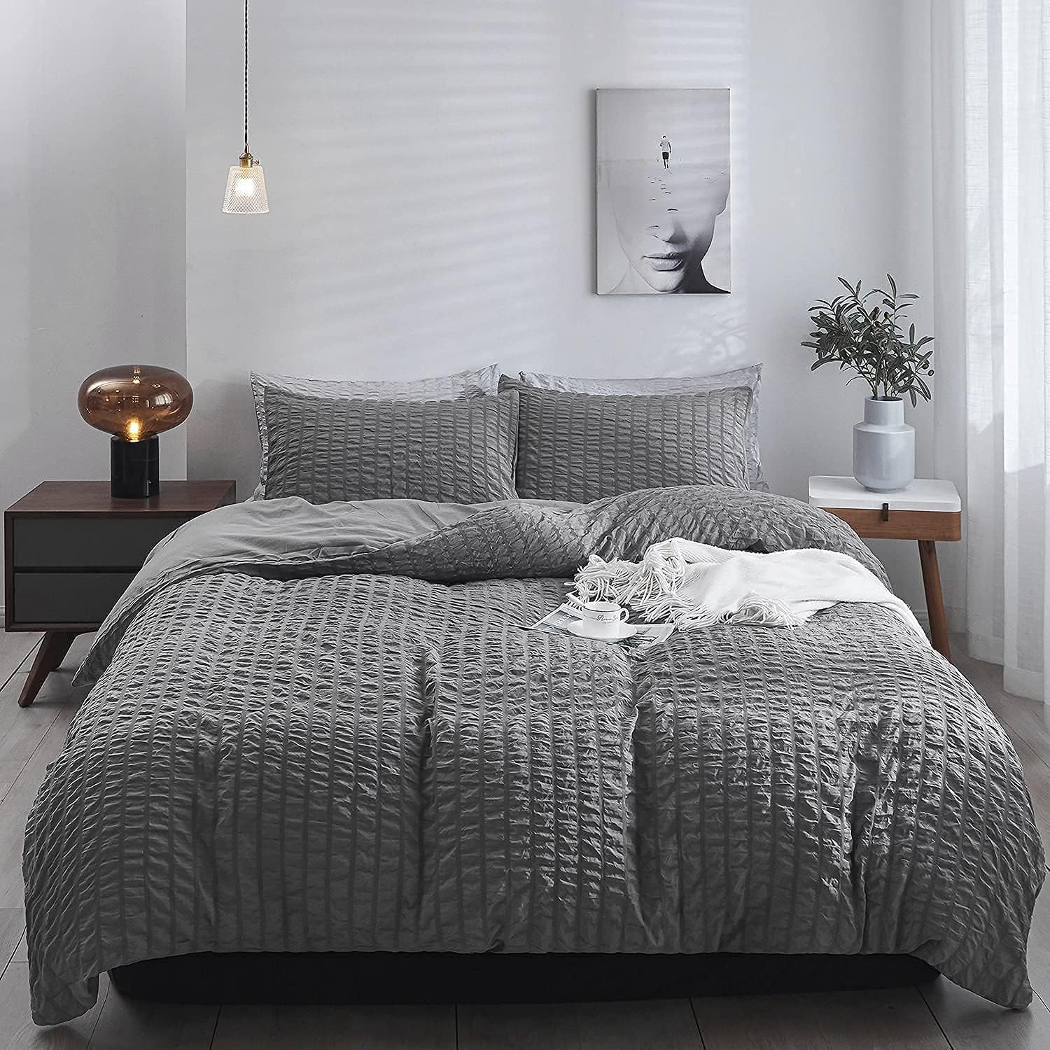 Seersucker Bedding Set King Bed Duvet Cover Sets 100% Cotton Charcoal Grey Waffle Quilt Covers with Pillowcases