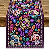 Dia De Los Muertos Table Runner Cinco de Mayo Rustic Linen Mexican Sugar Skull Day of The Dead Altar Decoration for Home Kitchen Dining Room (13