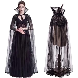 Glitopper Halloween Gothic Black Vampire Cape Women Stand-up Lace Collar Long Tulle Cloak Halloween Witch Costume Cosplay Dre