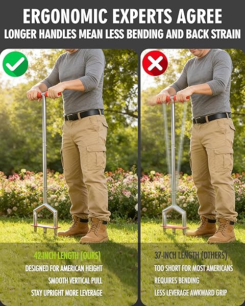 MANUAL LAWN AERATOR – 42 INCH, 304 STAINLESS STEEL AERATOR LAWN TOOL, EASY TO INSTALL, RUST RESISTANT, CORE AERATOR FOR YARD&GRASS COMPACTED SOIL, 3 DETACHABLE HOLLOW TINES, NON SLIP FOOT PAD