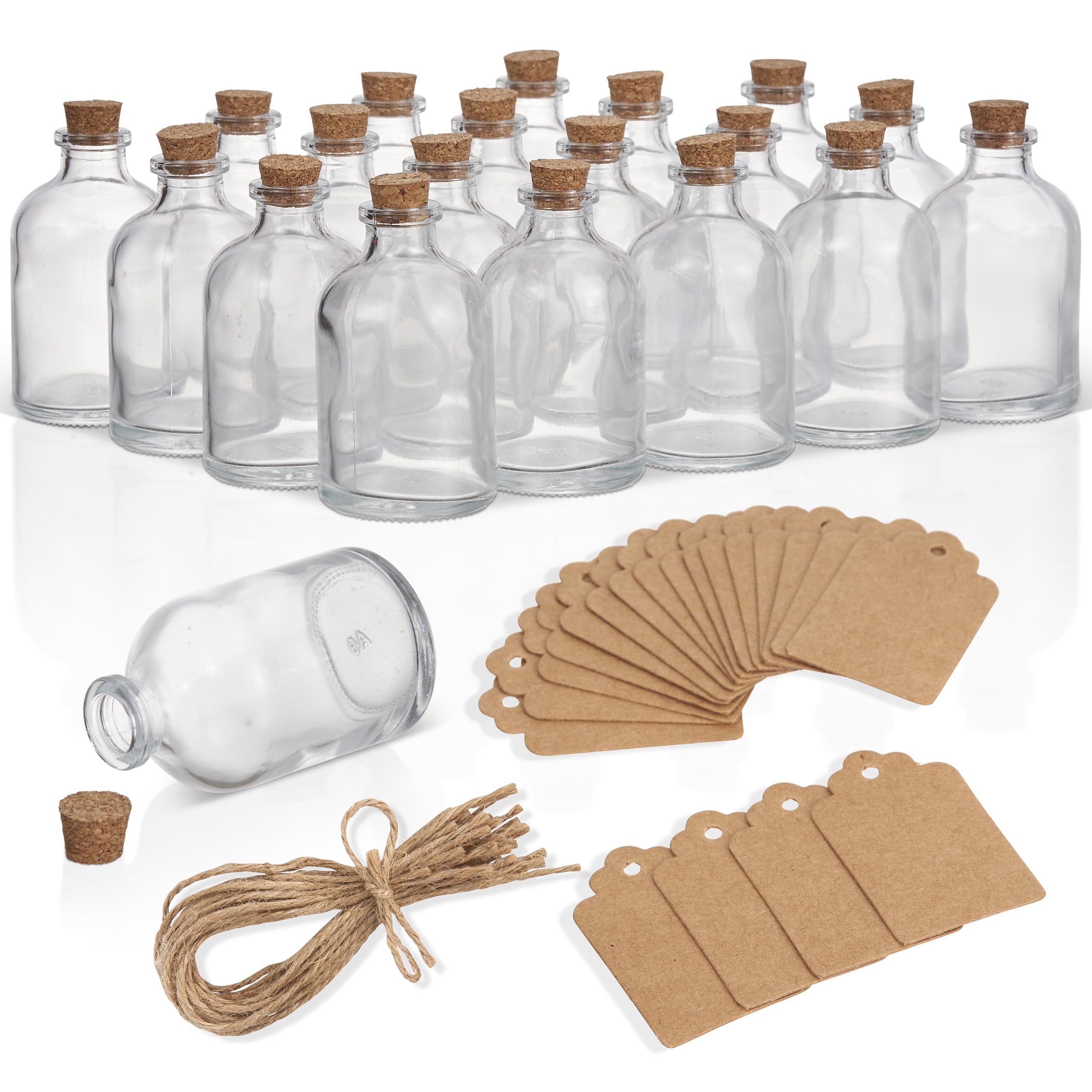 THE TWIDDLERS 20 Piece Mini Glass Jars with Cork Lids and Labels - 50ml Small Bottles for Wedding Favours, Party Decorations, and DIY Craft Storage (7x4cm)