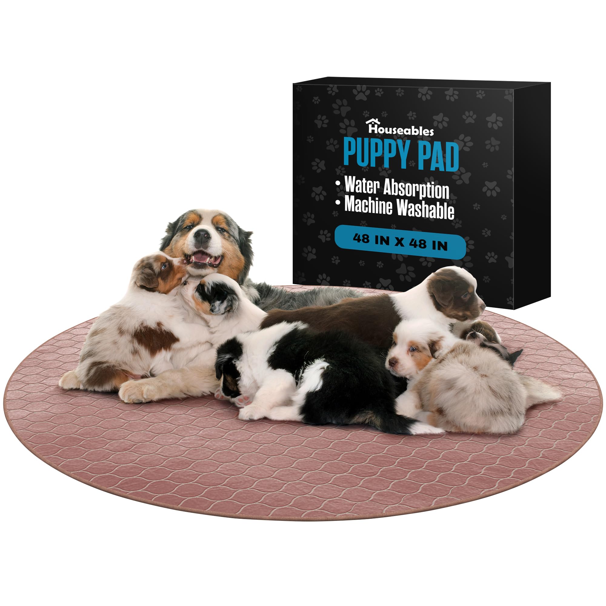 Houseables Whelping Pads, Washable Puppy Pad, 48" x 48", Large, Brown, Round, Waterproof Pee Mats, Vet Bed Dogs, Pet Training Supplies, Crate Playpen Liner, Stain Resistant Incontinence Solution