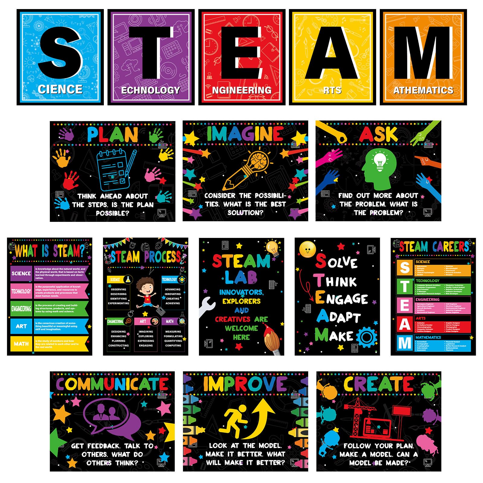 Photo 1 of 16Pcs STEAM Science Posters for Classrooms Educational STEAM Charts Classroom Decorations Colorful Back to School Supplies Learning Posters Teacher Supplies for Technology Engineering Arts and Math
