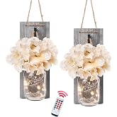 Besuerte Rustic Mason Jar Sconces Wall Decor, Grey, Set of 2 | Hanging Wooden Wall Art, LED String Lights, Remote Timer, Vintage Farmhouse Decoration