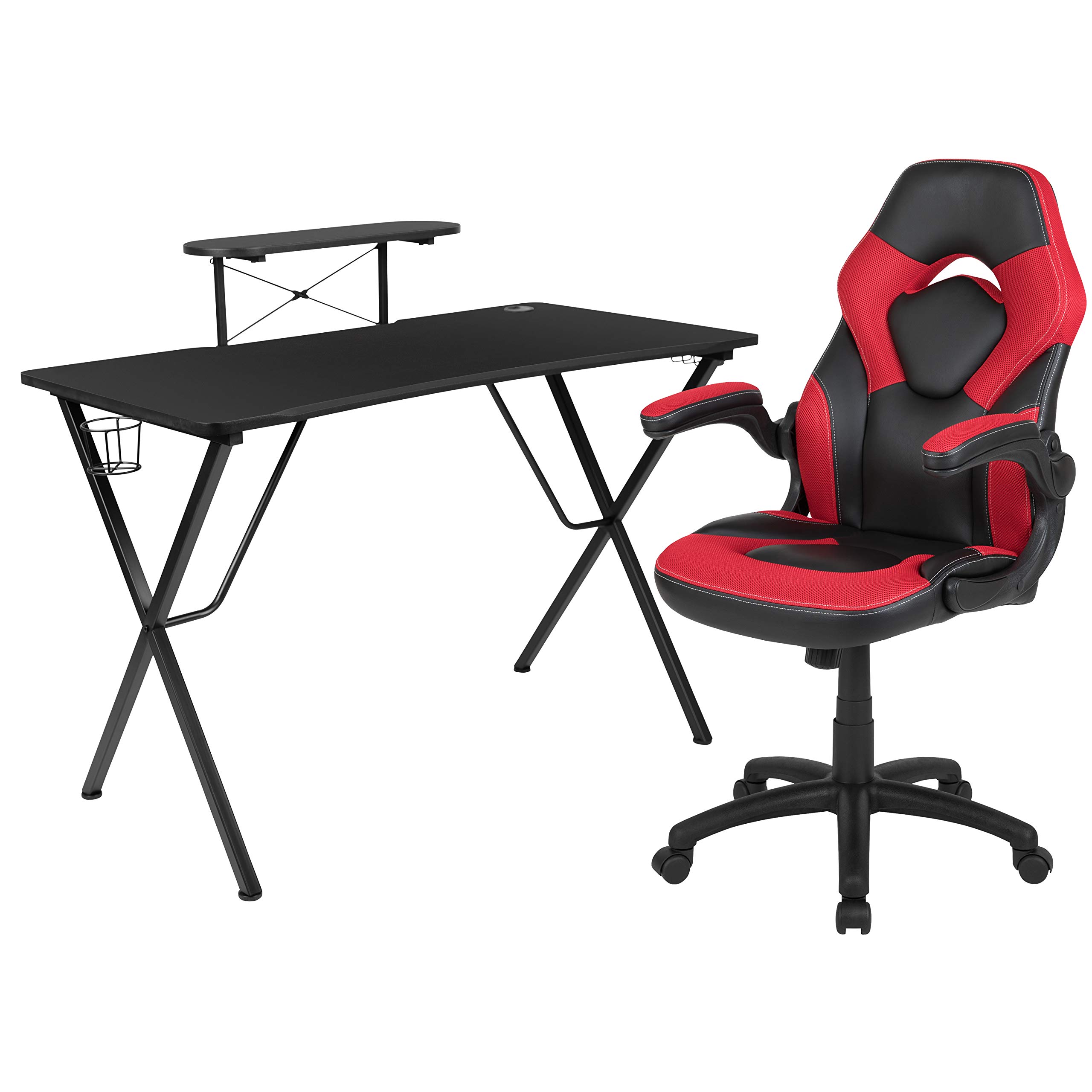 Flash Furniture Juego de escritorio para juegos negro y silla de carreras roja/negra con portavasos, gancho para auriculares y soporte para monitor/teléfono inteligente