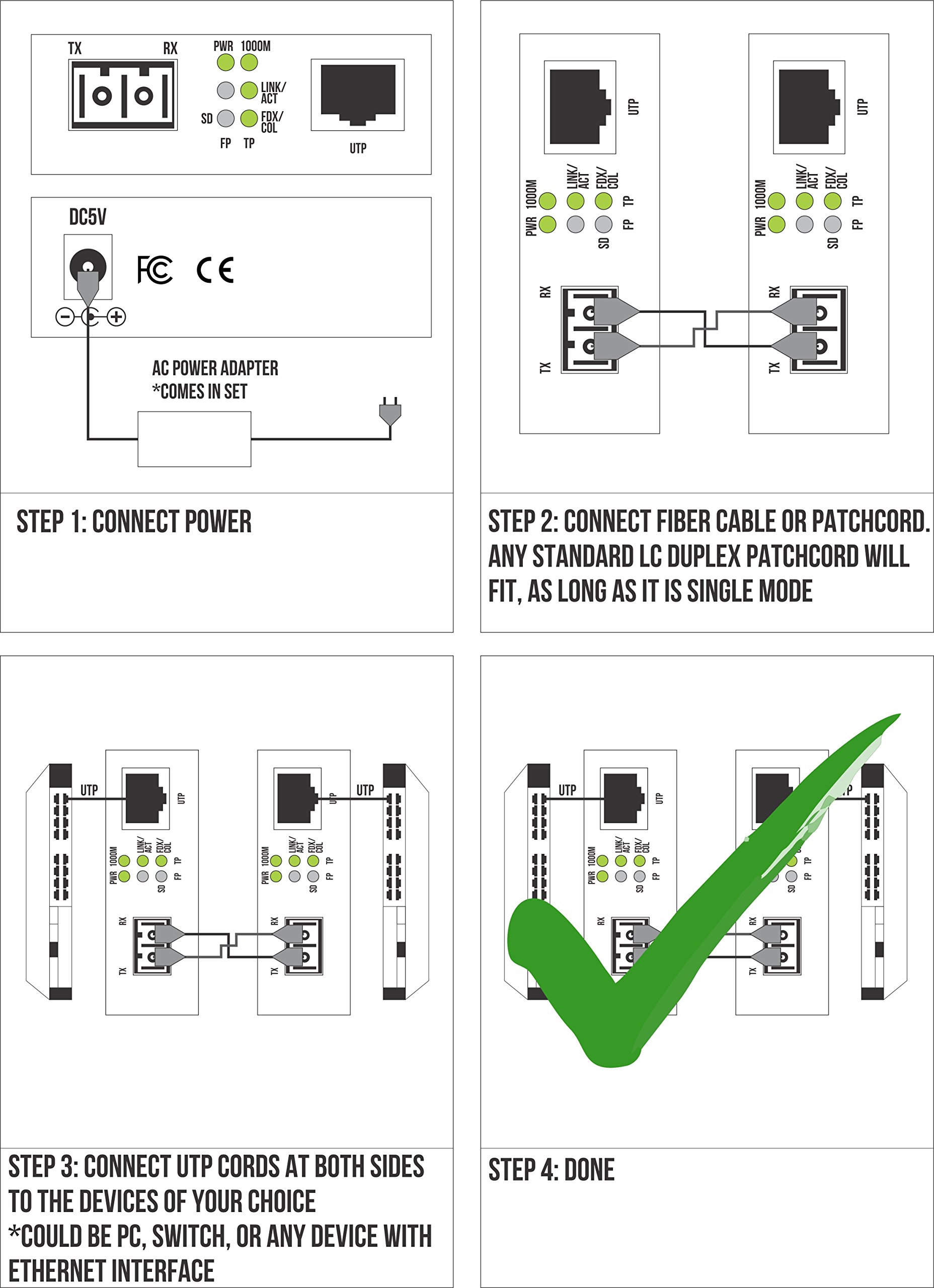 Single Mode LC Gigabit Fiber Media Converter Includes LC SFP 20 km (12.42 Miles) LC to UTP