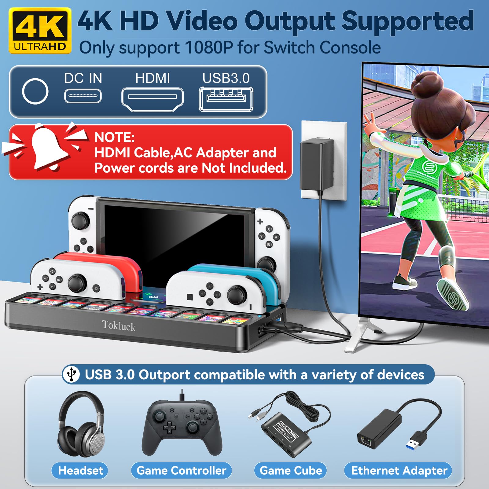 Switch TV Docking Station mit Joycon Ladestation, Switch OLED TV Dock Station für 4K HDMI TV Netzteil, Ersatz Switch Dock mit Schnittstelle & 10 Spiele Aufbewahrung (Nicht für Switch 2) 2