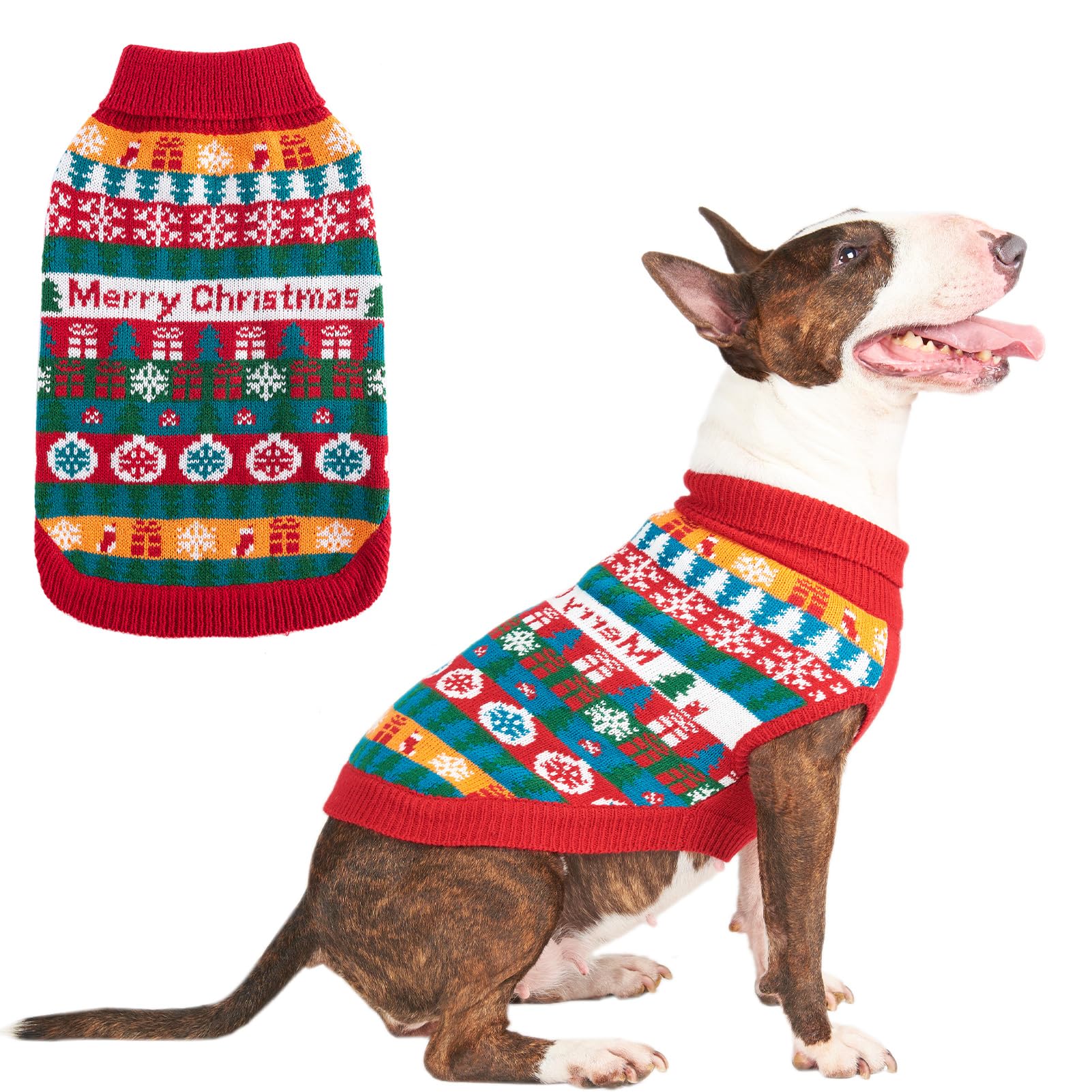 EXPAWLORER Christmas Dog Jumper - Knitted Xmas Costume Dog Clothes Gift, Sleeveless Sweater with Colorful Stripes and Snowflakes, Warm Holiday Outfit Winter Coat for Small Medium Large Dogs, Large