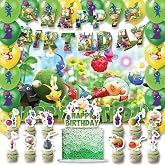 42Pack Pikmin Party Supplies Pack Includes，Banner，Cake Topper，Blackdrop,Balloons for Pikmin Birthday party Decoration