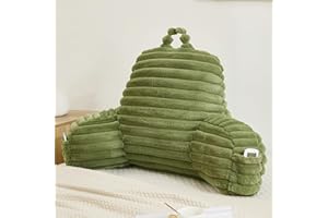 Memfydu Faux Fur Fluffy Sage Reading Pillow with Pockets, Luxury Striped Plush Decorative, Arm Rests and Back Support for Bed Rest, Lounging on Sofa, Extra Large Size for Adult.