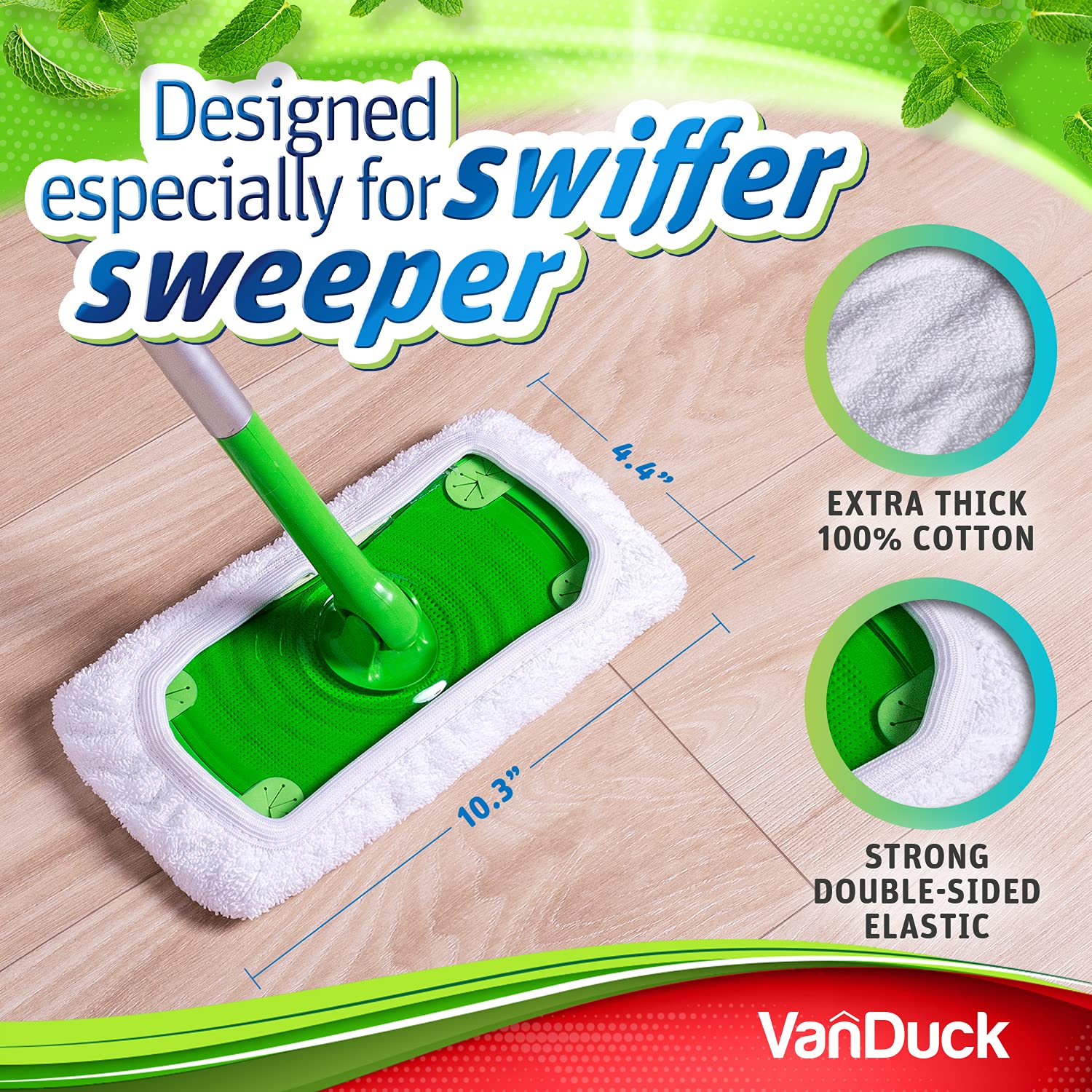 Reusable 100% Cotton Mop Pads Compatible with Swiffer Sweeper (2-Pack), Terry Cloth Mop Covers Washable for Wet Mopping and Floor Cleaning (Handle is Not Included)
