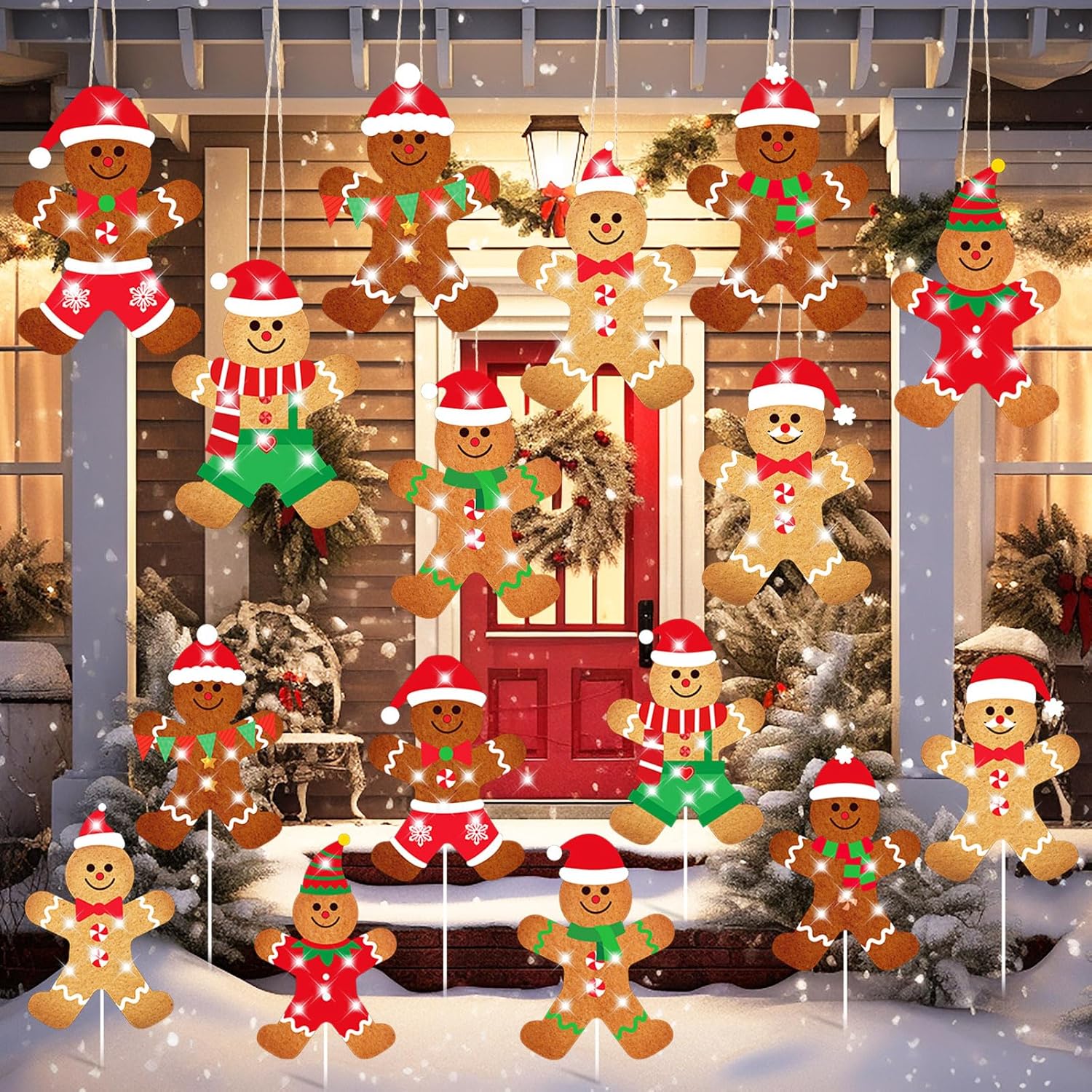 Yard Signs - 16 Pcs Lighted Gingerbread Man Decorations Large Christmas Gingerbread Ornament Double Sided Xmas Hanging Decor Big Yard Lawn Signs with Stake for Home Outdoor Indoor Porch Pathway Christmas Tree