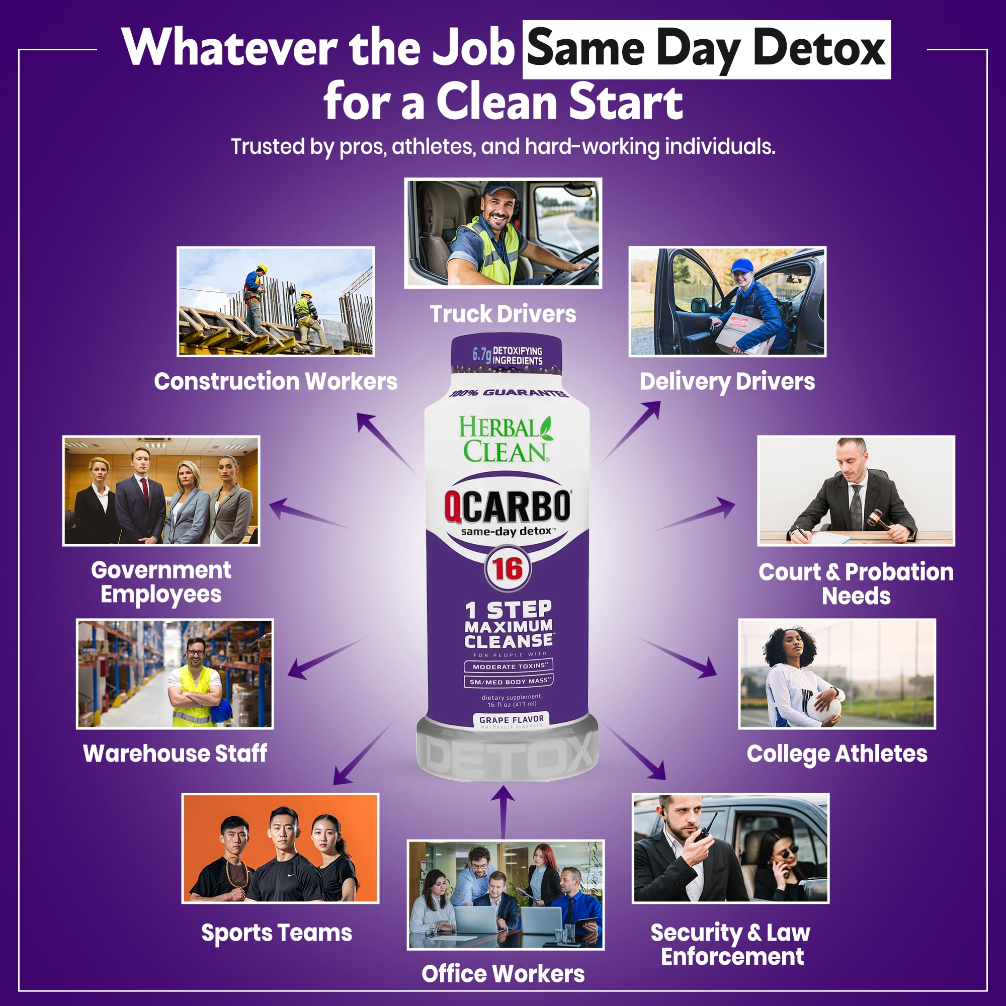 Herbal Clean Qcarbo16 Same-Day Detox Cleanse Drink (16 fl oz) - Grape Flavor Full Body Cleanse* Detox Drink for Moderate Toxin Level*, Vitamin B2 and Vitamin B12 for Men & Women