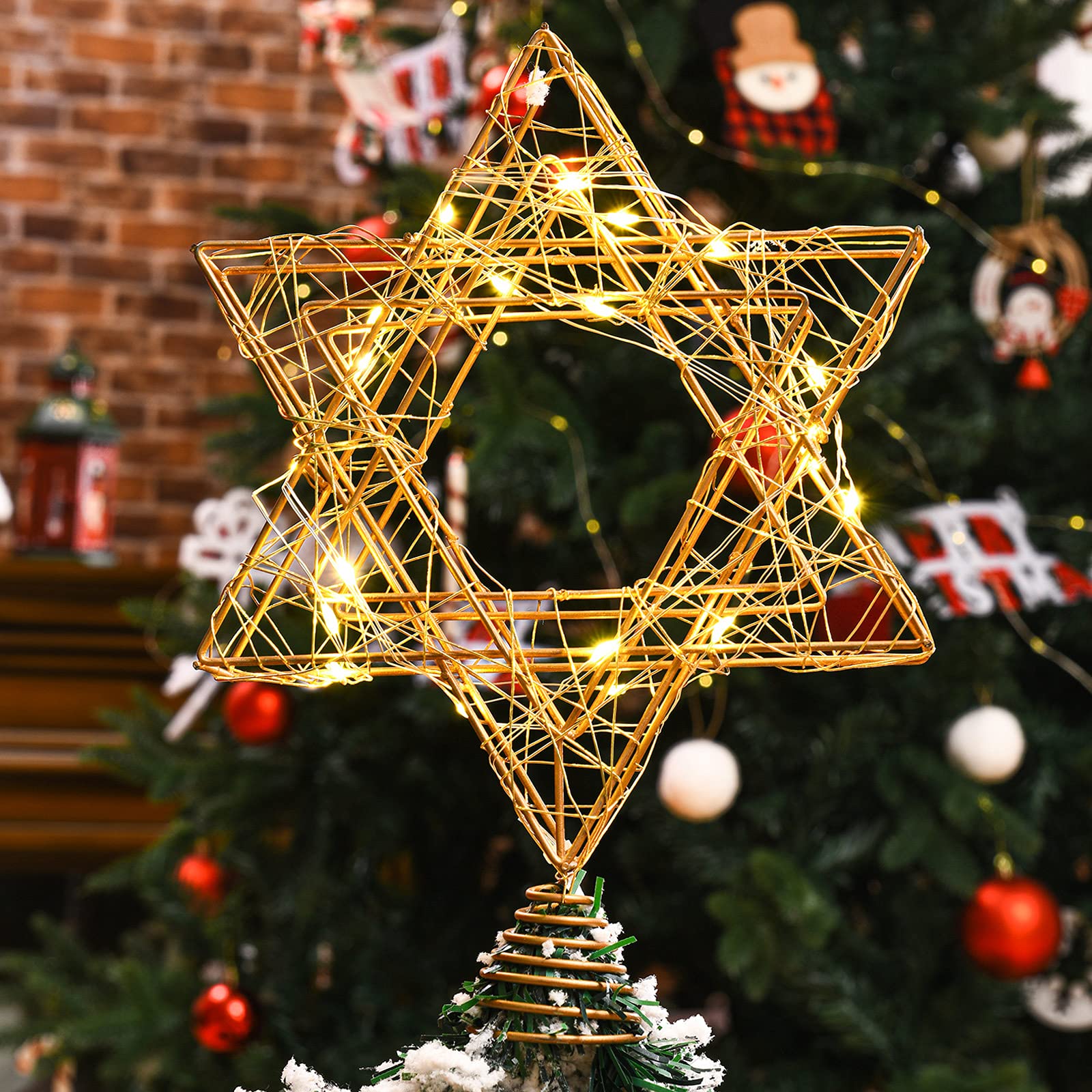 Mudder 9.8 Inch Chanukah Star Christmas Tree Topper LED Rattan Star Christmas Tree Star Topper 3D Treetop Star Decoration Star Shape Tree Topper for Hanukkah Christmas Diwali (Gold with White Light)