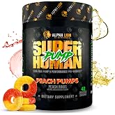 ALPHA LION Superhuman Pump Pre Workout Powder, Nootropic Caffeine &amp; Stim Free Preworkout Supplement, Nitric Oxide Booster, Muscle Gainer, Energy &amp; Focus (42 Servings, Peach Pumps Flavor)