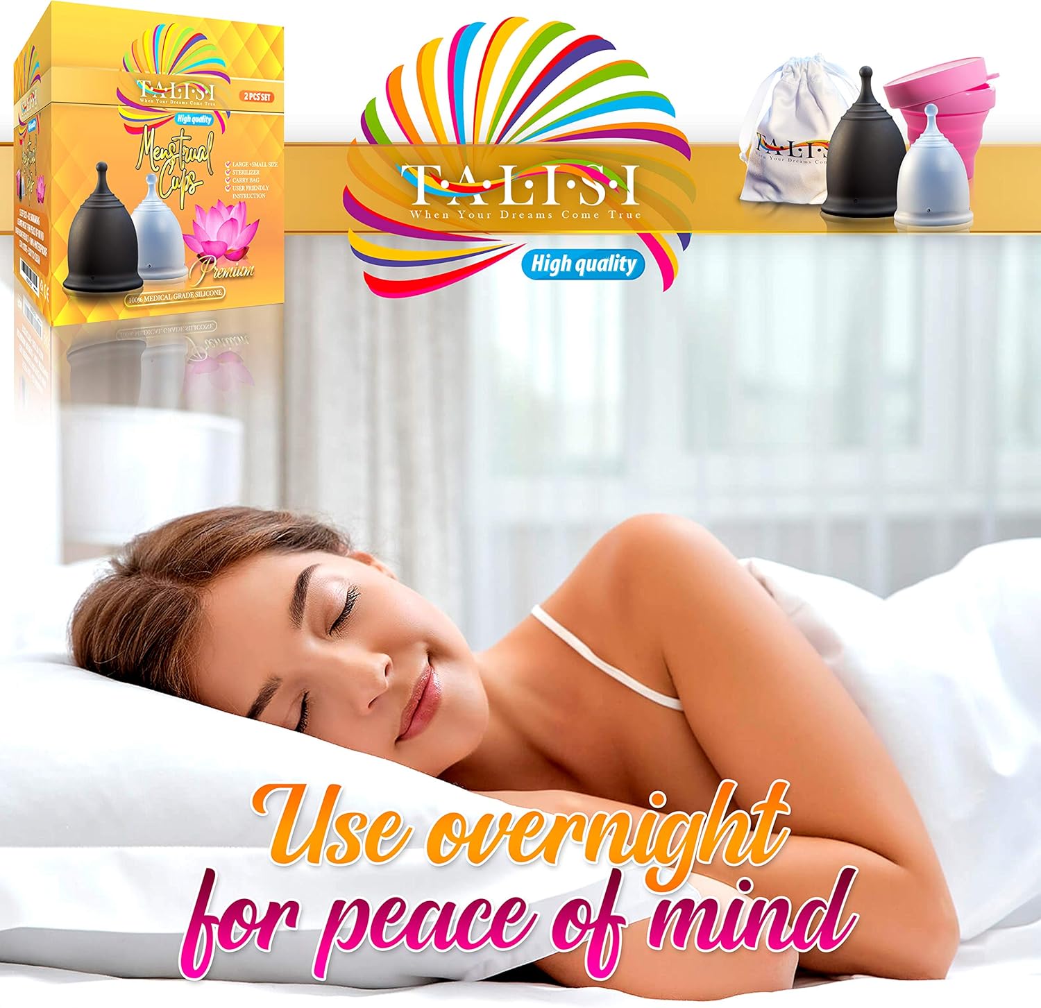 Talisi Reusable 2 Menstrual Cups - Period Cup Set for Women with Collapsible Sterilization Cup and Travel Bag - Feminine Menstruation Alternative to Tampons - Regular and Heavy Flow: Health & Personal Care