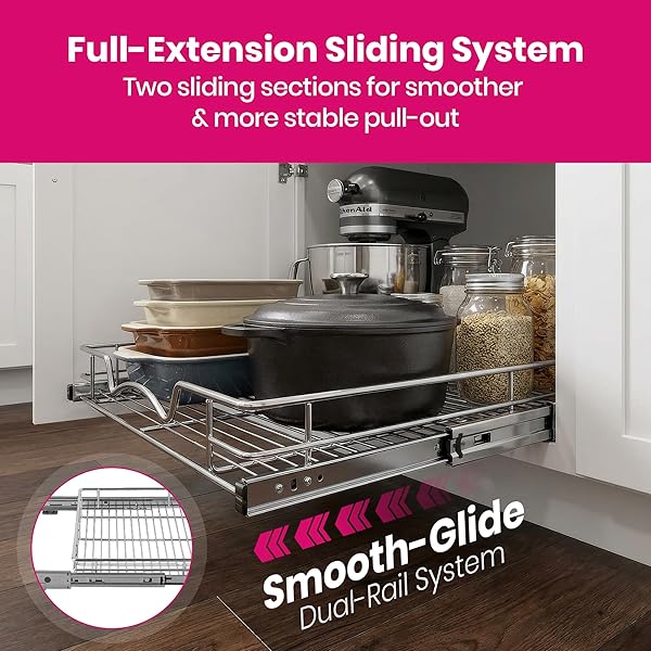 HOLDN’ STORAGE PULL OUT CABINET ORGANIZER, HEAVY DUTY CADDY W/LIFETIME LIMITED WARRANTY -26”W X 21”D – REQUIRES AT LEAST 27-1/4” CABINET OPENING, STEEL METAL CABINET DRAWERS SLIDE OUT, CHROME