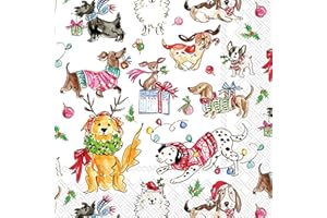 IHR Ideal Home Range Holiday Pets Napkins Rosanne Beck - Disposable 3-Ply Paper Party Napkin Pack, Cocktail Size 5" x 5", Christmas Dogs, 20-Count