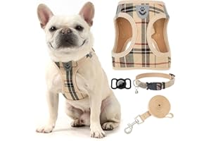 EXPAWLORER Plaid Small Dog Harness and Leash Set with AirTag Holder - Soft Padded Step in Dog Vest Harness Medium Sized Dog, No Pull Reflective Puppy Harness, Collar and Leash for Walking, Khaki S