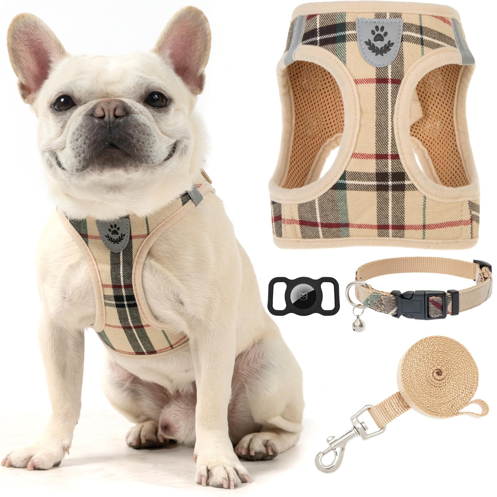 Photo 1 of EXPAWLORER Plaid Small Dog Harness and Leash Set with AirTag Holder - Soft Padded Step in Dog Vest Harness Medium Sized Dog, No Pull Reflective Puppy Harness, Collar and Leash for Walking, Khaki L