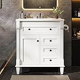 LIKIMIO 30 Inch Bathroom Vanity with Sink, Towel Holder & Adjustable Solid Wood Legs for Uneven Floor, Modern Bathroom Storag