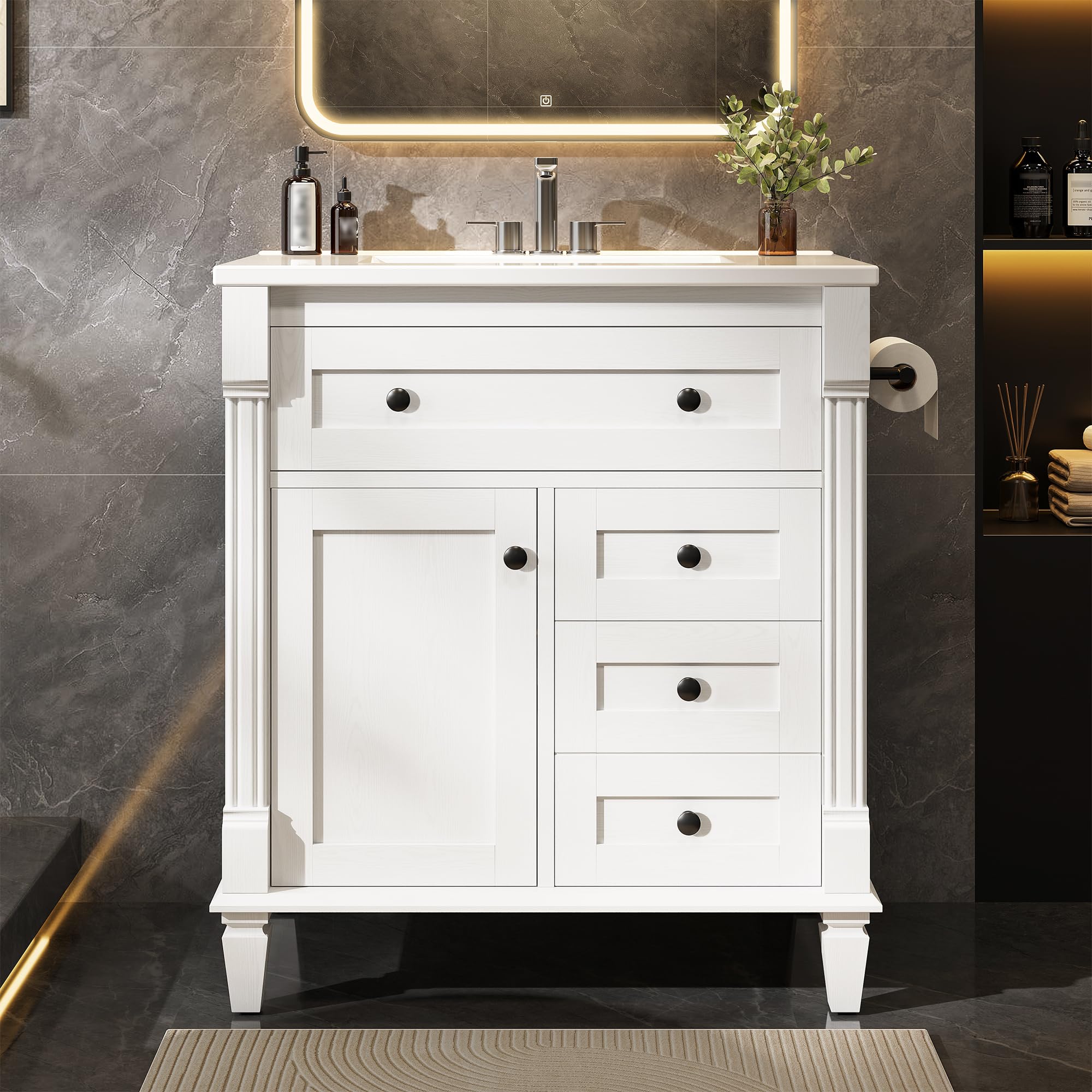 Photo 1 of LIKIMIO 30 Inch Bathroom Vanity with Sink, Towel Holder & Adjustable Solid Wood Legs for Uneven Floor, Modern Bathroom Storage Cabinet with Tip-Out Drawer, 2 Drawers & Adjustable Shelf, White