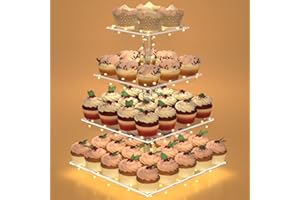 Cupcake Stand with Lights, 4 Tier Square Cupcake Display, Light Up Cupcake Stand for 50 Cupcakes, Dessert Table Display Set f