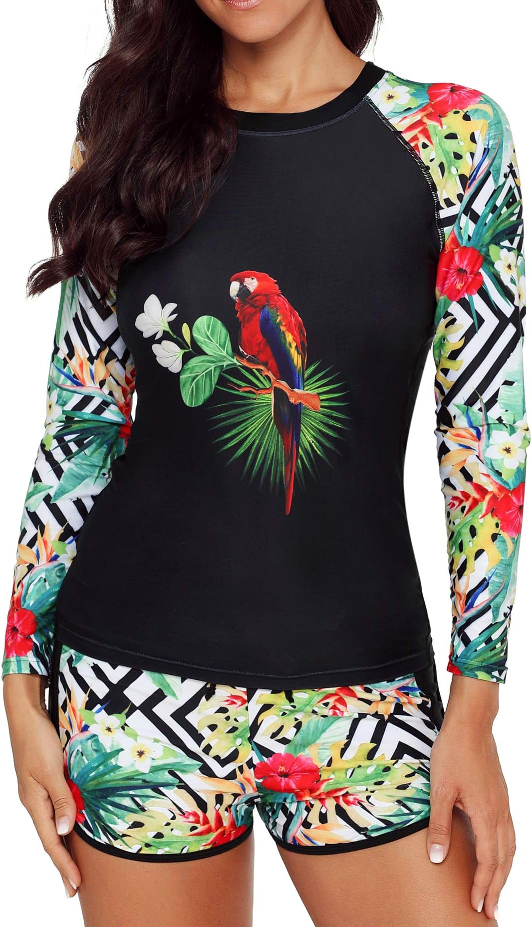 YUNAR Women Long Sleeve Sun Protection Rash Guard 2 Pieces Swimsuit Set