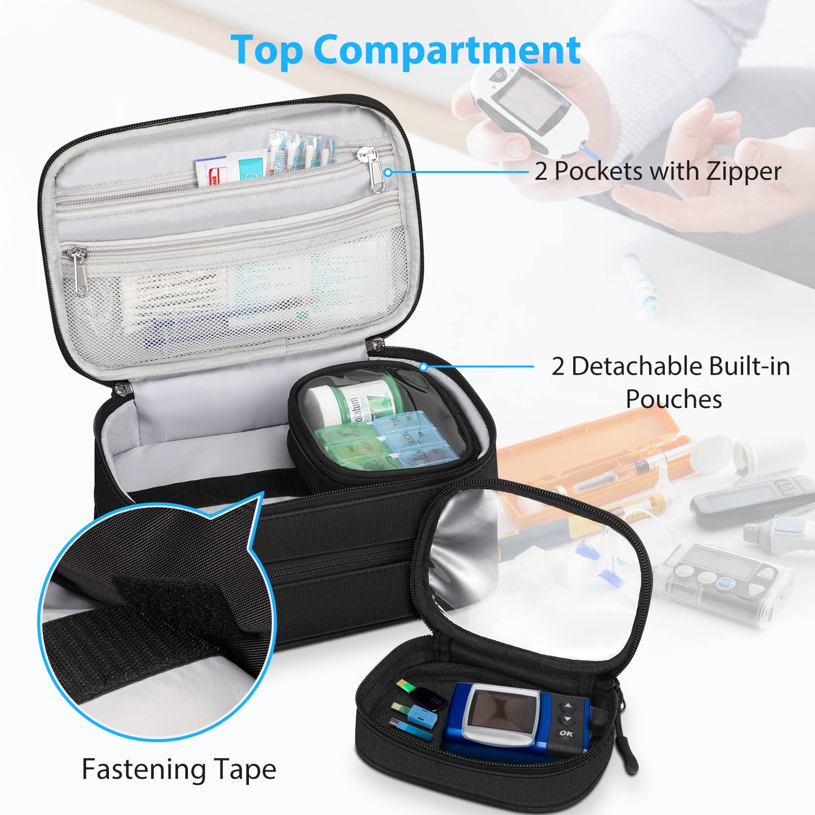 MEDMAX Insulin Cooler Travel Case with 4 Ice Packs TSA Approved, Double-Layer Insulated Diabetic Meds Organizer with Extra Pouches for Insulin Pens, Blood Glucose Monitors and Other Supplies, Black